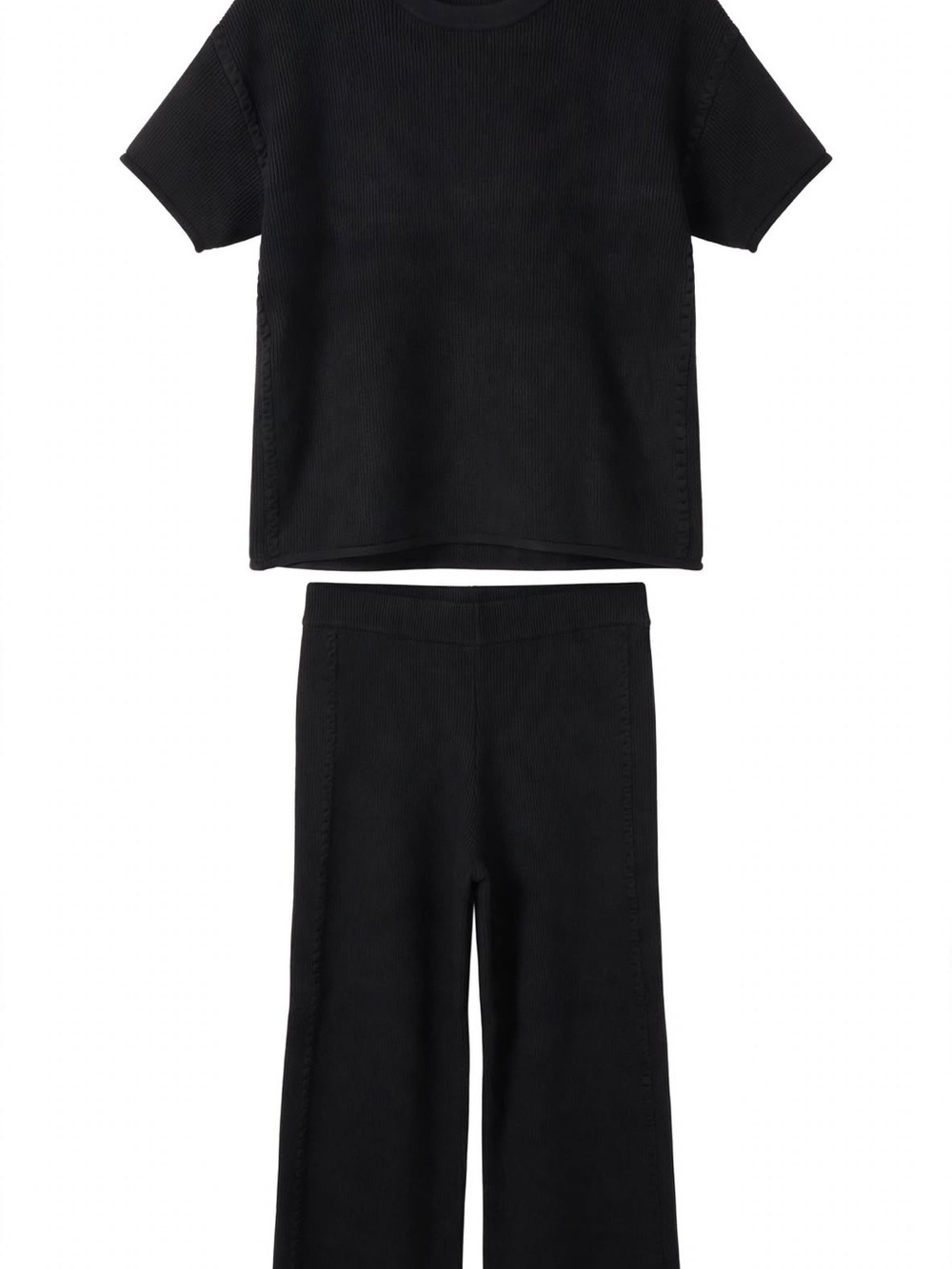 Zenana Outfitters Black Wide Leg Ribbed Pants & Short Sleeve Top Set